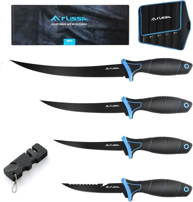 FLISSA Fillet Knife Set, Boning Knife & Bait Knives with Sharpener, Protective Sheath, Belt Clip, Non-Slip Handle, Portable Pouch & Corrosion Resistant Coating Blade, for Fresh or Saltwater (4-Piece) - Image 1